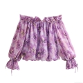 Women's Off-The-Shoulder Floral Blouse Long Sleeve Chiffon Feel Polyester Top With Ruffle Cuff Smocked Waist Sweet Casual Shirt