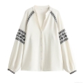 Women's Ethnic Geometric Embroidered Blouse 100% Polyester Lantern Long Sleeve V-Neck Button Up Shirt Boho Style Cream White Tops for Ladies