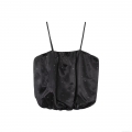 French Elegant Women's Black Rhinestone Balloon Hem Camisole Top Bridal Satin Spaghetti Strap Sexy Crop Tank Top For Party Date