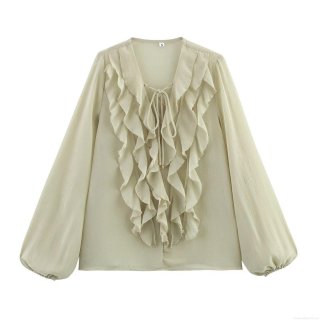 Women's Elegant Tiered Ruffle Sheer Chiffon Blouse Sexy V-Neck Lace Up Lantern Sleeve Pleated Solid Color Top for Party Dating
