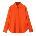 Women's Fashion Satin Texture Solid Color Long Sleeve Blouse Elegant Lapel Button Down Shirt With Back Adjustable Drawstring Curved Hem Office Top