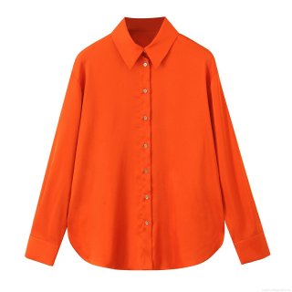 Women's Fashion Satin Texture Solid Color Long Sleeve Blouse Elegant Lapel Button Down Shirt With Back Adjustable Drawstring Curved Hem Office Top