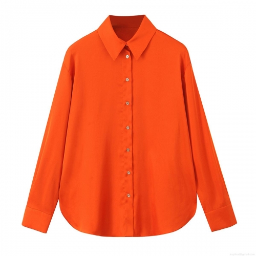 Women's Fashion Satin Texture Solid Color Long Sleeve Blouse Elegant Lapel Button Down Shirt With Back Adjustable Drawstring Curved Hem Office Top