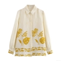 Women's Tropical Leaf Print Long Sleeve Shirt Elegant Button Down Blouse Cream Off White Polyester Linen Look Tops for Work Casual Vacation Socialite Style