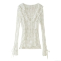 Women's Elegant White Lace Blouse Long Sleeve V-Neck Layered Ruffle Tie-Up Bow Fashion Top For Dating Party Sweet Sheer Mesh Polyester Shirt