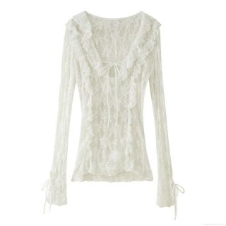 Women's Elegant White Lace Blouse Long Sleeve V-Neck Layered Ruffle Tie-Up Bow Fashion Top For Dating Party Sweet Sheer Mesh Polyester Shirt