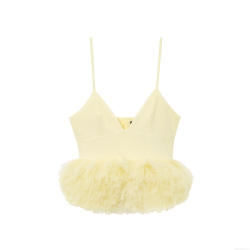 Women Sexy Deep V-Neck Peplum Cami Top Multi-Layer Mesh Tulle Tutu Hem Slim Fit Hot Girl Style Sleeveless Top Adjustable Spaghetti Strap Summer Party Club Wear