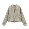 Women's Vintage Sage Green Floral Embroidered Blouse Long Sleeve Hollow Out Button Down Cotton Blend Shirt Elegant Casual Tops