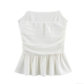 Women's Sexy Pleated Tube Top Off-Shoulder Polyester Wave Edge Ruffle Hem Slim Fit Sweet Celebrity Style Backless Cropped Top for Summer Party Vacation Daily Wear