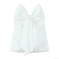 Women's Sexy Big Bow Bustier Top Satin Textured Polyester Sleeveless Back Zipper Crop Camisole For Evening Party Clubwear White