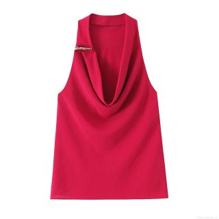 Women's Cowl Neck Sleeveless Top Red Satin Polyester Shirt With Metal Shoulder Buckles Elegant Slim Fit Sexy Club Party Cami Tank Top Women's Cowl Neck Sleeveless Top Red Satin Polyester Shirt With Metal Shoulder Buckles Elegant Slim Fit Sexy Club Party Cami Tank Top