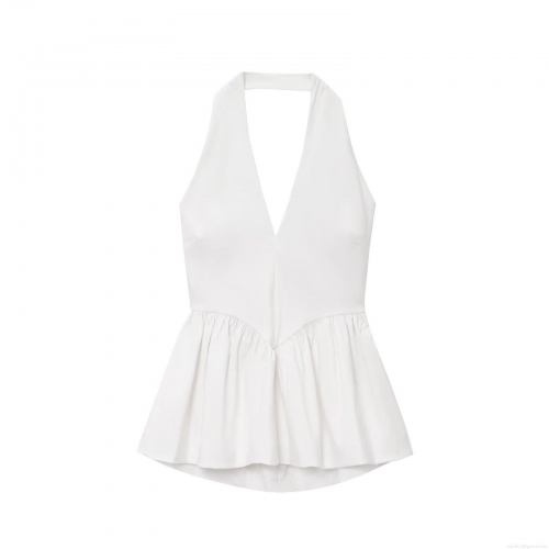 Women's Sexy Halter Neck V-Neck Backless Peplum Top Sleeveless Slim Fit Ruffle Hem Tank Top For Party Clubwear Summer Fashion White Plain Vest