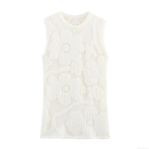 Women's Sexy Flower Hollow Out Knit Vest Sleeveless Round Neck Slim Fit Polyester Lace Tank Top For Daily Dating Summer Socialite Style