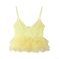 Women's Sweet Light Yellow V-Neck Camisole Top With Layered Mesh Ruffle Hem Slim Fit Sleeveless Polyester Tank Top For Summer Party Daily Wear