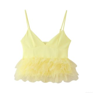 Women's Sweet Light Yellow V-Neck Camisole Top With Layered Mesh Ruffle Hem Slim Fit Sleeveless Polyester Tank Top For Summer Party Daily Wear