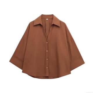 Elegant Women's Single Breasted Loose Blouse Polyester Cotton Poplin Shirt Wide Sleeve Casual Top For Daily Office Commute