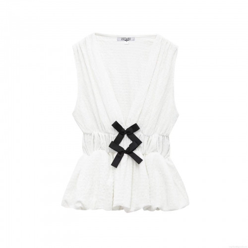 Women Deep V Neck Sleeveless Polyester Knit Crepe Tank Top With Bow Decoration Crinkle Textured Peplum Camisole Socialite Party Elegant Blouse