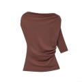 Women's Asymmetrical One Sleeve Top Sexy Ruched Draped T-Shirt With Gold Metal Ring Detail Long Sleeve Solid Color Slim Fit Tee For Club Party Streetwear