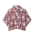 Women's Fashion Ikat Print Short Sleeve Blouse Shirt Casual Button Down Blouse With Wooden Buttons Red White Ethnic Style Polyester Top