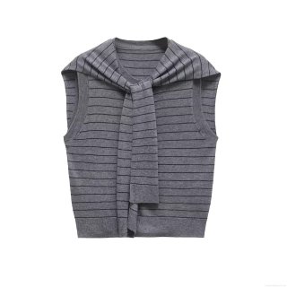 Women's Striped Knitted Tank Top With Shawl Collar Navy Style Sleeveless Grey Black Striped Polyester Knit Vest Slim Fit Streetwear Pullover Tops For Spring Summer