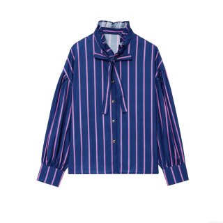 Women Elegant Striped Blouse Polyester Blend Ruffle Stand Collar With Bow Tie Lantern Sleeve Button Down Shirt For Daily Work Party Casual Streetwear Fashion Tops