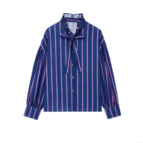 Women Elegant Striped Blouse Polyester Blend Ruffle Stand Collar With Bow Tie Lantern Sleeve Button Down Shirt For Daily Work Party Casual Streetwear Fashion Tops
