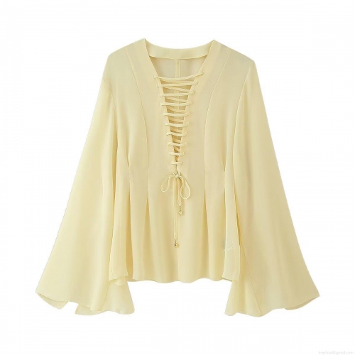 Women's Chiffon Blouse V Neck Tie Up Alloy Drops Flare Long Sleeve Loose Fit Solid Color Casual Top Elegant Breathable Shirt For Ladies Spring Daily Wear