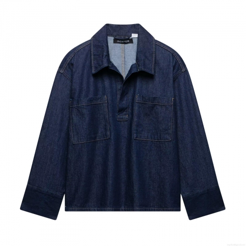 Women Deep Blue Denim Shirt Long Sleeve Pullover Blouse Casual Loose Fit Retro Cotton Denim Top With Dual Pockets And Contrast Stitching For Women Daily Wear