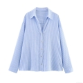 Women's Linen Blend Striped Long Sleeve Shirt Button Down Lapel Collar Casual Blouse For Office Daily Wear Fashion Loose Striped Top