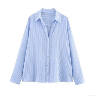 Women's Linen Blend Striped Long Sleeve Shirt Button Down Lapel Collar Casual Blouse For Office Daily Wear Fashion Loose Striped Top