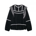 Women Retro Bohemian Long Sleeve Blouse With Contrast Flower Embroidery White Lace Trim Pleated Cotton Blend Shirt Casual Elegant Top
