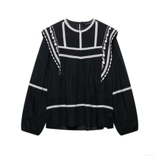 Women Retro Bohemian Long Sleeve Blouse With Contrast Flower Embroidery White Lace Trim Pleated Cotton Blend Shirt Casual Elegant Top
