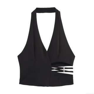 Women's Sexy Halter Neck Cutout Crop Top Polyester Tank Top with Metal Buckle Detail Sleeveless V-Neck Slim Fit Top for Party Clubwear Women's Sexy Halter Neck Cutout Crop Top Polyester Tank Top with Metal Buckle Detail Sleeveless V-Neck Slim Fit Top for Party Clubwear