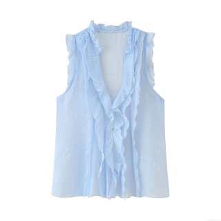Women's Light Blue Sleeveless Chiffon Top With Ruffle Trim Detail V-Neck Button Down Pleated Slim Fit Tank Top For Summer Dating Elegant Sweet Style Women's Light Blue Sleeveless Chiffon Top With Ruffle Trim Detail V-Neck Button Down Pleated Slim Fit Tank Top For Summer Dating Elegant Sweet Style