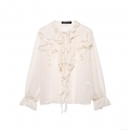 Elegant Swiss Dot Ruffle Chiffon Blouse Women French Style Tie Neck Layered Flounce Long Sleeve Sheer Mesh Shirt Top For Party Daily Wear