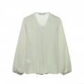 Women Layered Ruffle Blouse Elegant Polyester V Neck Tie Front Lantern Sleeve Pleated Semi-Transparent Shirt Sage Green Casual Party Tops for Women