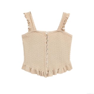Women Sweet Ruffle Strap Knitted Camisole Top Mercerized Cotton Single Breasted Bustier Style Slim Fit Short Tank Top For Casual Party Vacation