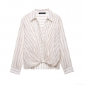 Women's Niche Design Vertical Striped Long Sleeve Shirt Twist Hem Detail Button Down Blouse Polyester Cotton Linen Blend Breathable Lightweight Casual Tops For Women Ladies Chic Vacation Daily Wear Shirt