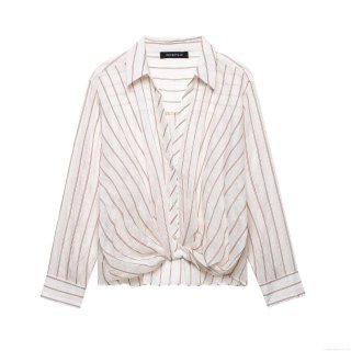 Women's Niche Design Vertical Striped Long Sleeve Shirt Twist Hem Detail Button Down Blouse Polyester Cotton Linen Blend Breathable Lightweight Casual Tops For Women Ladies Chic Vacation Daily Wear Shirt