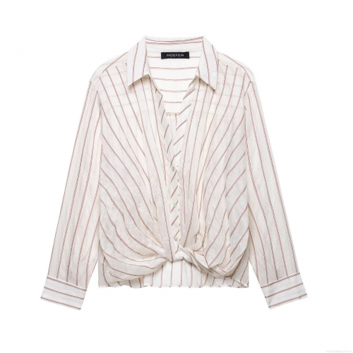 Women's Niche Design Vertical Striped Long Sleeve Shirt Twist Hem Detail Button Down Blouse Polyester Cotton Linen Blend Breathable Lightweight Casual Tops For Women Ladies Chic Vacation Daily Wear Shirt