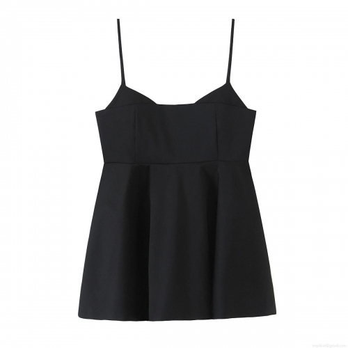 Women's Sexy Black Camisole Top Adjustable Spaghetti Strap Flared Hem A-Line Woven Tank Top Solid Color Sleeveless Streetwear Vest For Women