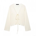 Women's Elegant Pleated V-Neck Tie-Front Blouse Long Sleeve Flare Sleeve Solid Color Polyester Top Minimalist Casual Shirt For Party Streetwear Fashion