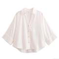 Women's Casual White V-Neck Blouse Button Down Short Sleeve Polyester Shirt Linen-Like Texture Loose Fit Top For Daily Office Summer Vacation