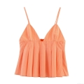 Women's Poplin Orange White Striped Cami Top Sexy V-Neck Adjustable Spaghetti Straps Pleated Peplum Hem Back Zipper Sleeveless Summer Blouse