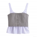 Women Striped Patchwork Camisole Top Polyester Grey Blue White Spaghetti Strap Corset Style Button Front Ruffle Hem Casual Streetwear Tank Top