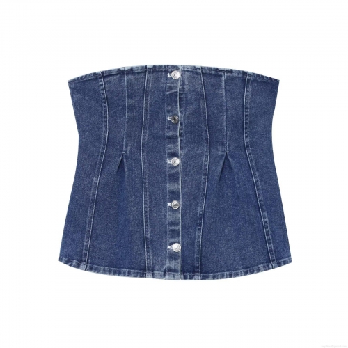 Sexy Strapless Denim Corset Top For Women Slim Fit Button Up Washed Denim Bustier Top Trendy Clubwear Streetwear Y2K Fashion Bandeau Top Blue