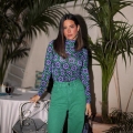 Women French Retro Floral Print Mock Neck Long Sleeve Slim Fit Top Polyester Spandex Stretchy T-Shirt Elegant Purple Green Flower Base Layer Blouse For Daily Party Casual Dating Women Clothing