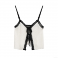 Women's Sexy Lace Trim Mercerized Cotton Camisole V Neck Contrast Color Ribbed Knit Tank Top With Bow Tie For Summer Dating Ladies Breathable Top