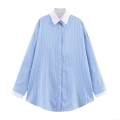 Women's Fashion Poplin Striped Shirt Contrast White Collar Long Sleeve Single Breasted Casual Blouse Office Lady Tops
