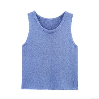 Women's Casual Slim Fit Knit Vest Sleeveless Round Neck Solid Color Crop Top Pullover For Daily Wear Party Summer Blue Knitwear